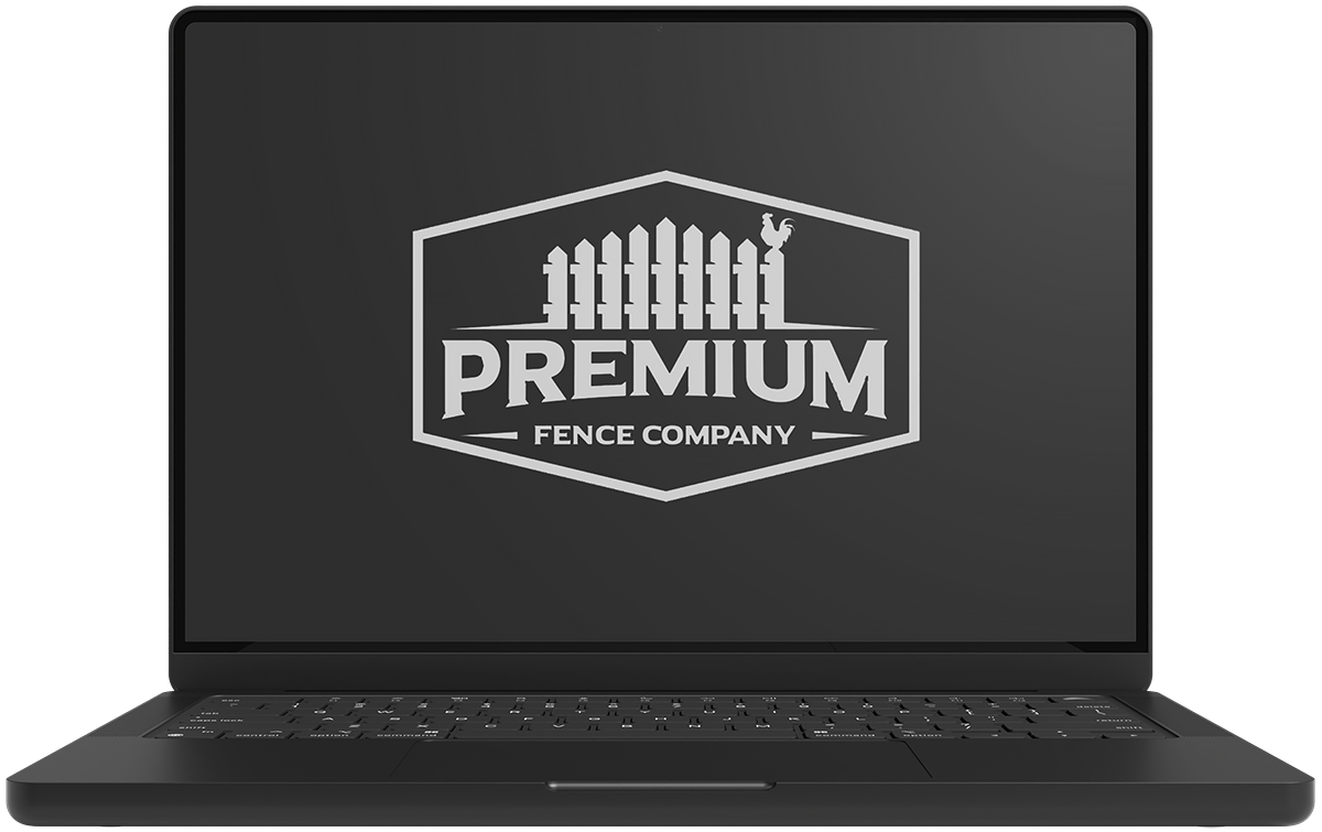 A laptop with a fence company logo on the screen.