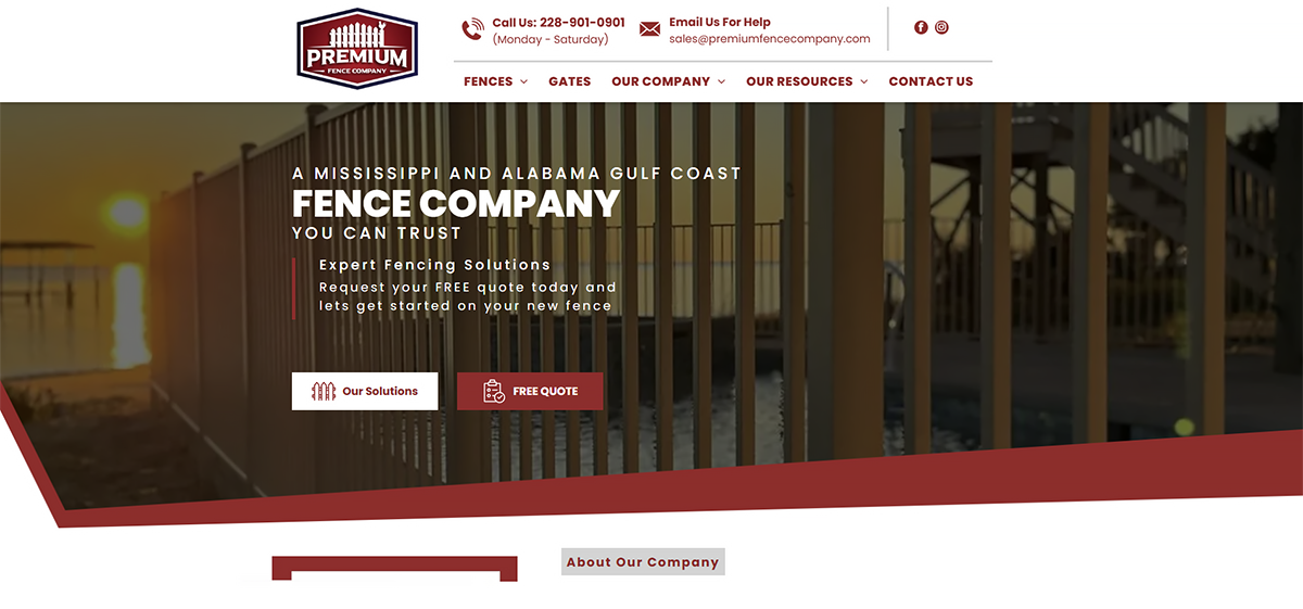 A fence company website shows a picture of a fence.