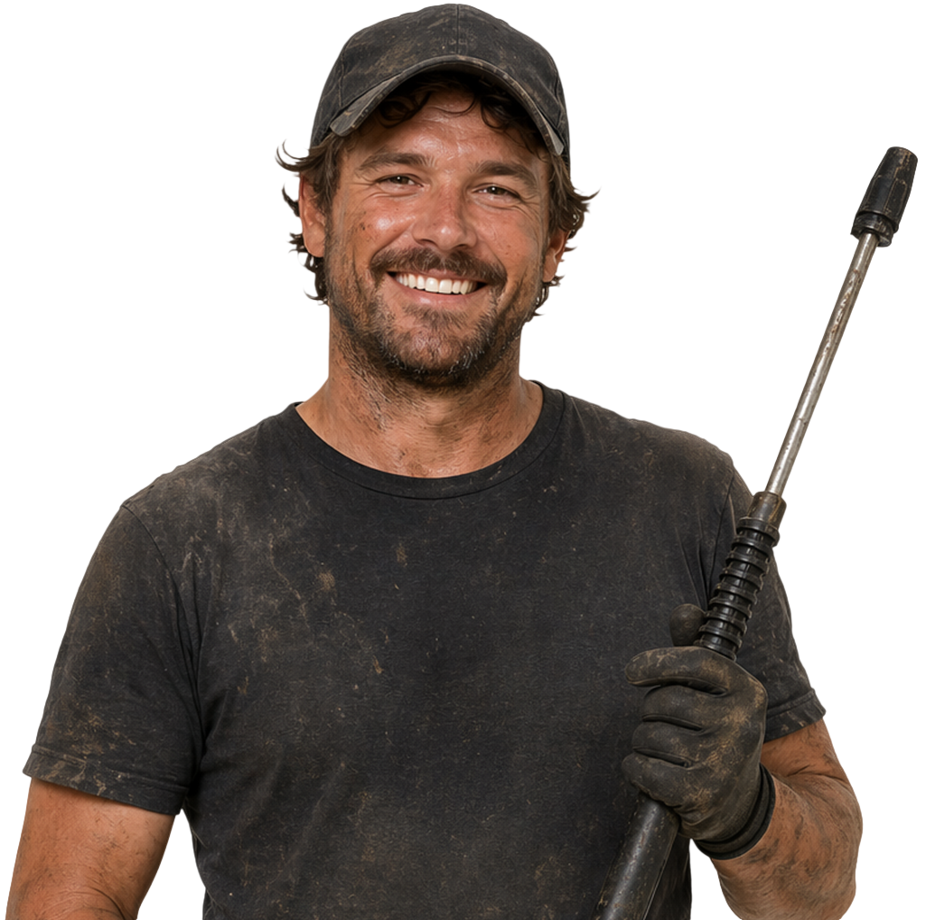 Smiling worker in black shirt and cap holding a pressure washer wand