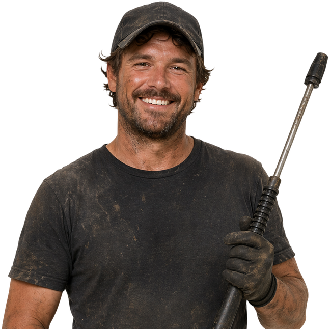 Smiling worker in a dirty black T-shirt and cap holding a pressure-washer wand
