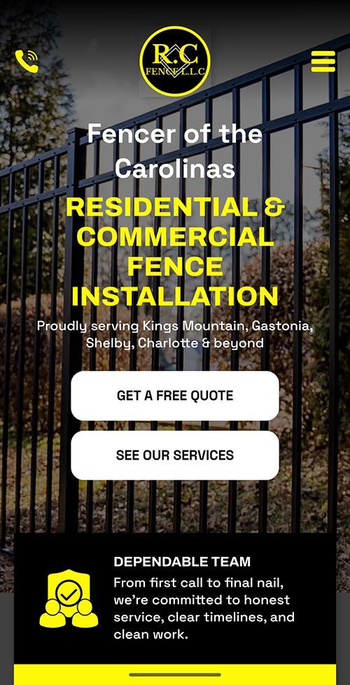 Mobile website for R&C Fencing, featuring a black fence background, yellow logo, and buttons for quotes and services.
