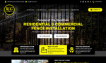 Website homepage for fence installation company with yellow text on dark background and service icons