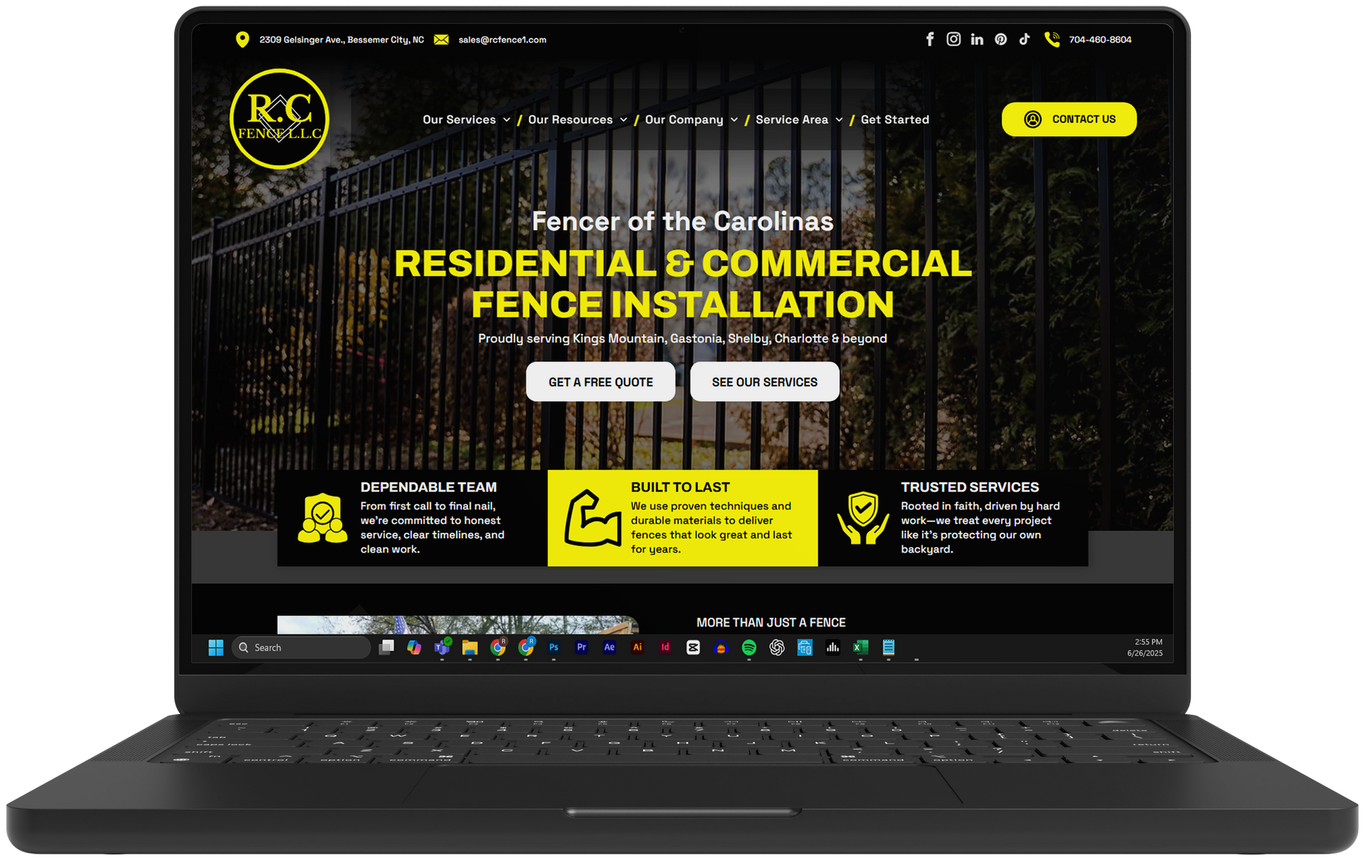Laptop displaying a dark website for residential and commercial fence installation with yellow accents