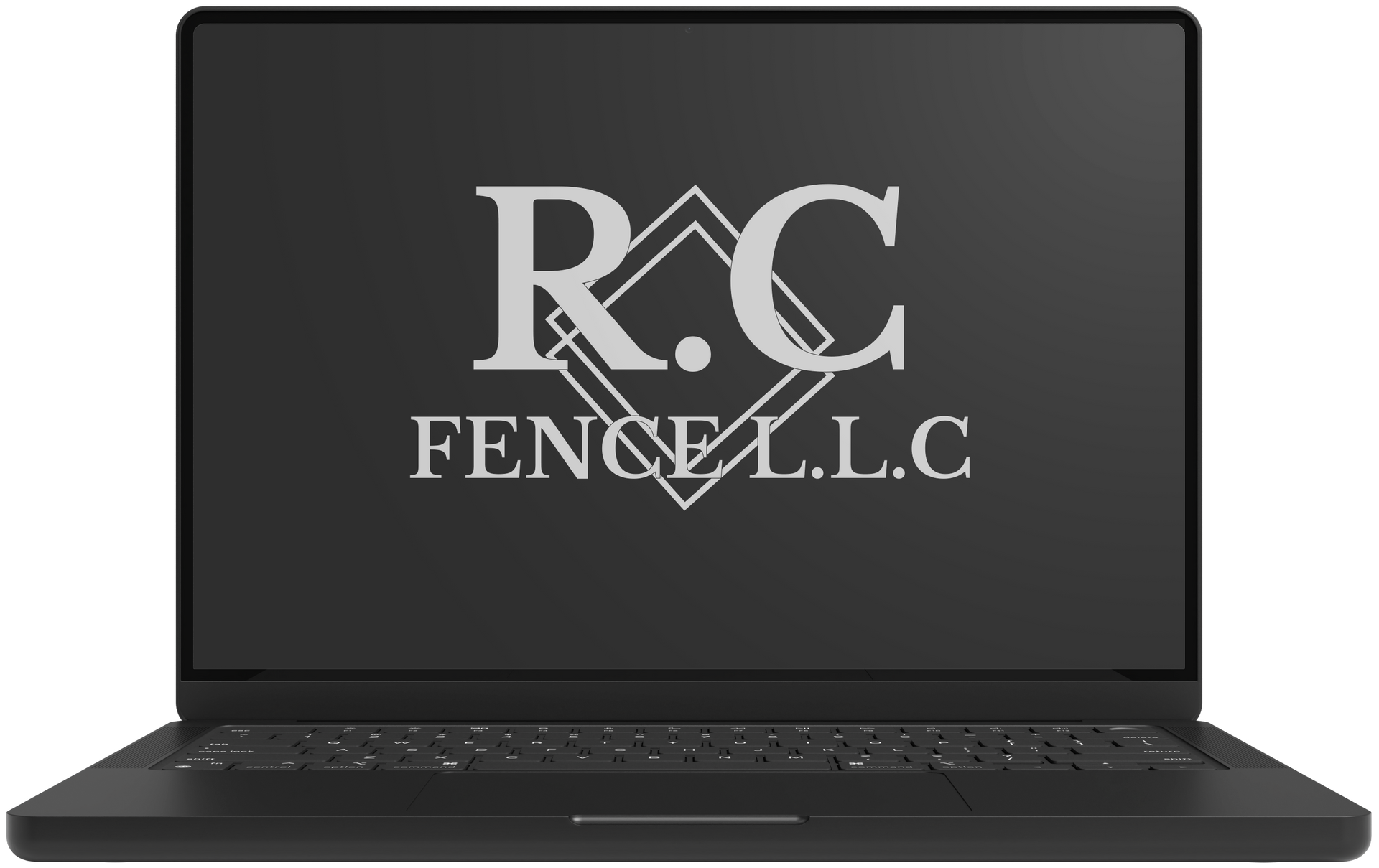 Black laptop displaying the RC Fence LLC logo on a dark screen