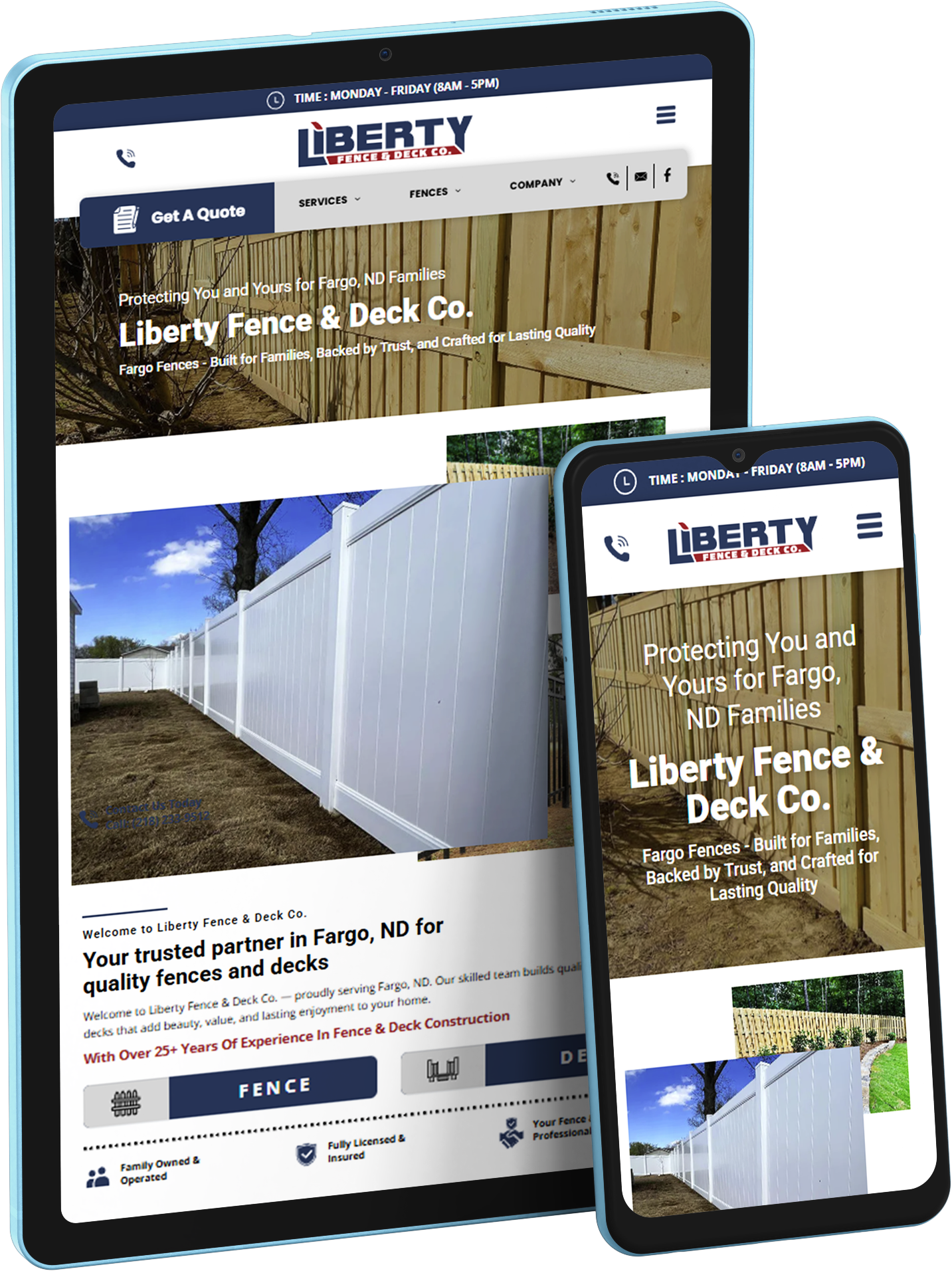 A tablet and a cell phone displaying a website for liberty fence and deck co.