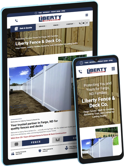 A tablet and a cell phone displaying a website for liberty fence and deck co.