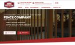 Website homepage for a fence company with a brown and red hero banner and call-to-action buttons
