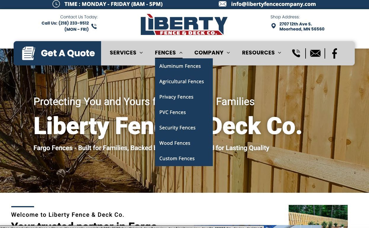 The website for liberty fen deck co. shows a picture of a wooden fence