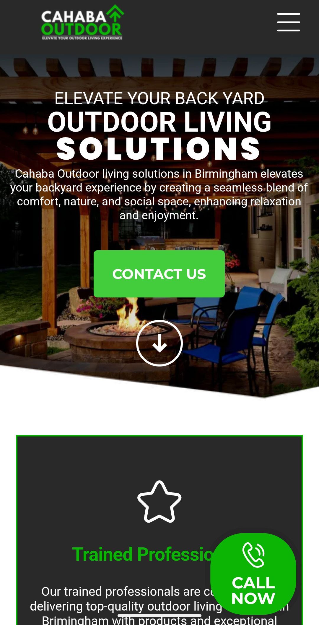 Mobile webpage for Cahara outdoor living solutions with green “Contact Us” button over backyard patio image