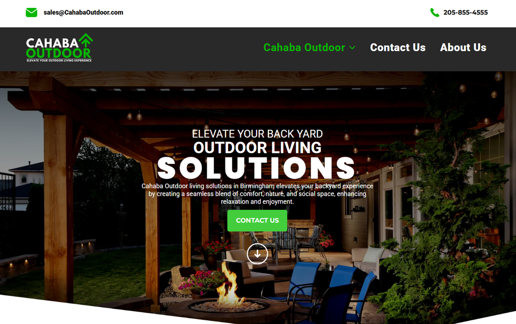 Cabana Outdoor Living homepage featuring a patio pergola and bold “Outdoor Living Solutions” banner