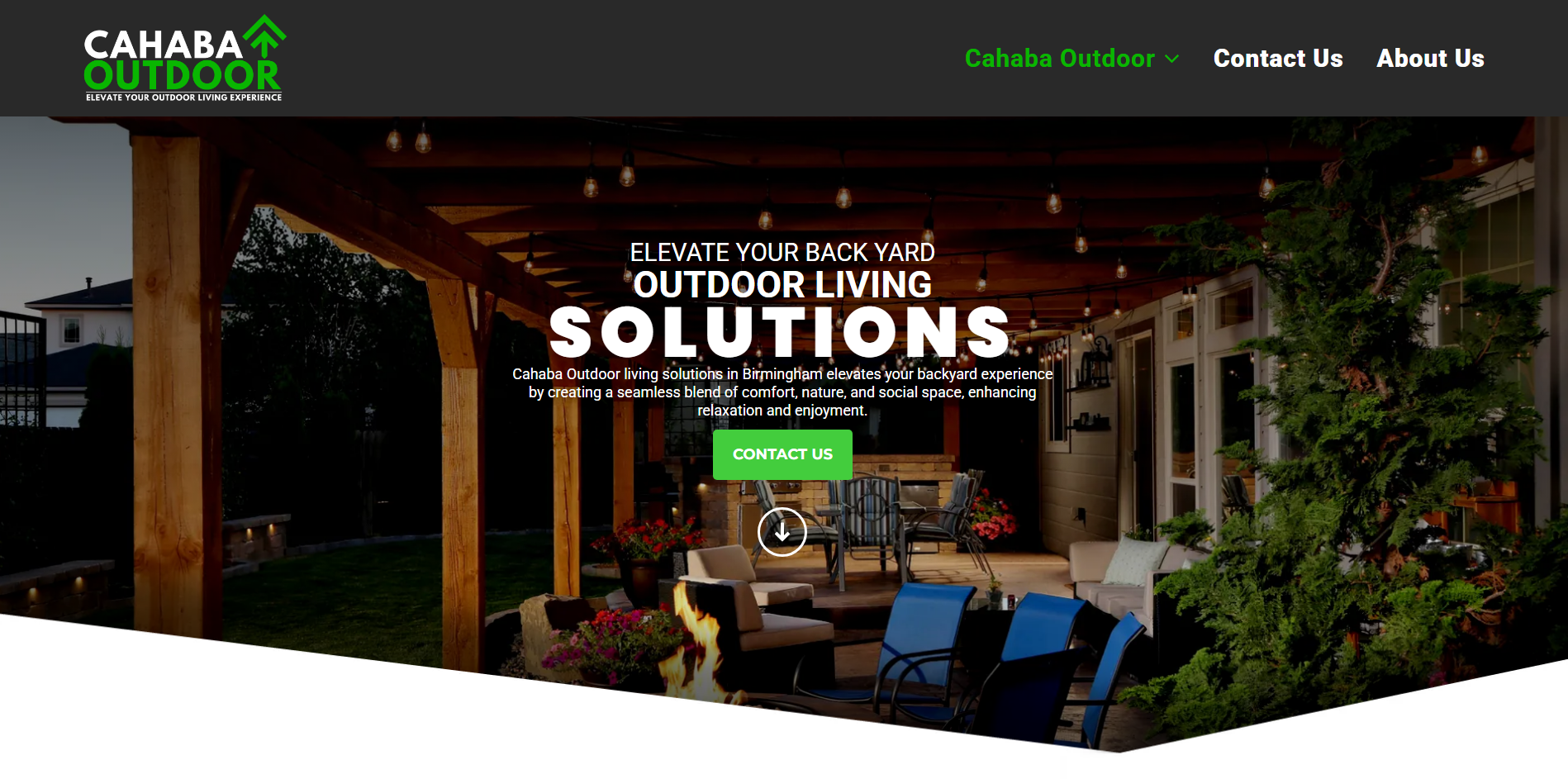 Outdoor living showroom website homepage with patio furniture and green logo navigation bar