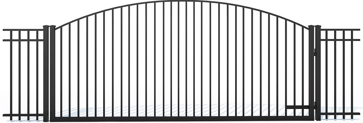 A black wrought iron gate with a curved arch on a white background.
