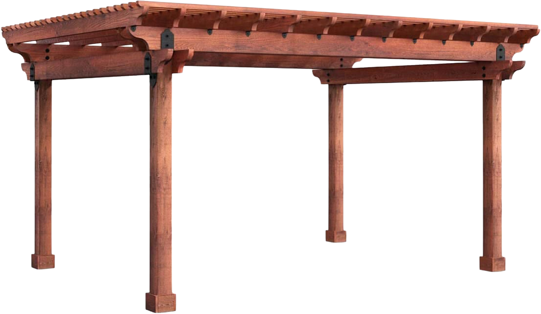 Wooden pergola with four posts and slatted roof, isolated on white background