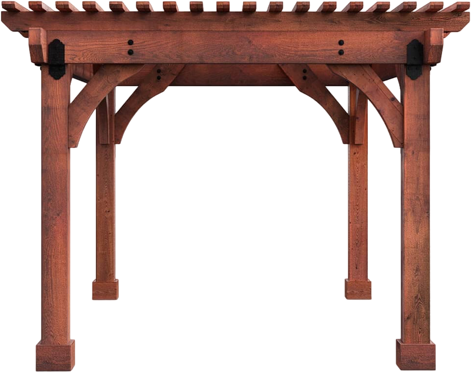 Wooden pergola with a slatted top and four posts, isolated on a white background