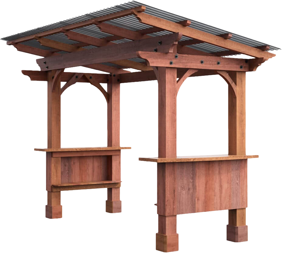 Wooden outdoor gazebo with a sloped roof and built-in counters, shown on a white background