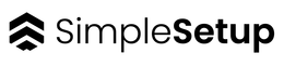 A black and white logo for simplesetup with an arrow pointing up.