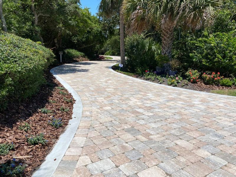 A brick driveway surrounded by trees and bushes in a park.