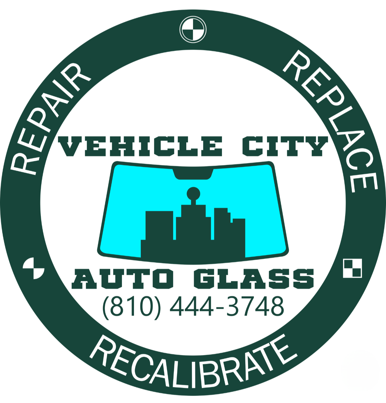 Vehicle City Auto Glass logo: windshield with city silhouette; teal and dark green colors; includes contact phone.