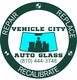 Vehicle City Auto Glass logo: windshield with city silhouette; teal and dark green colors; includes contact phone.