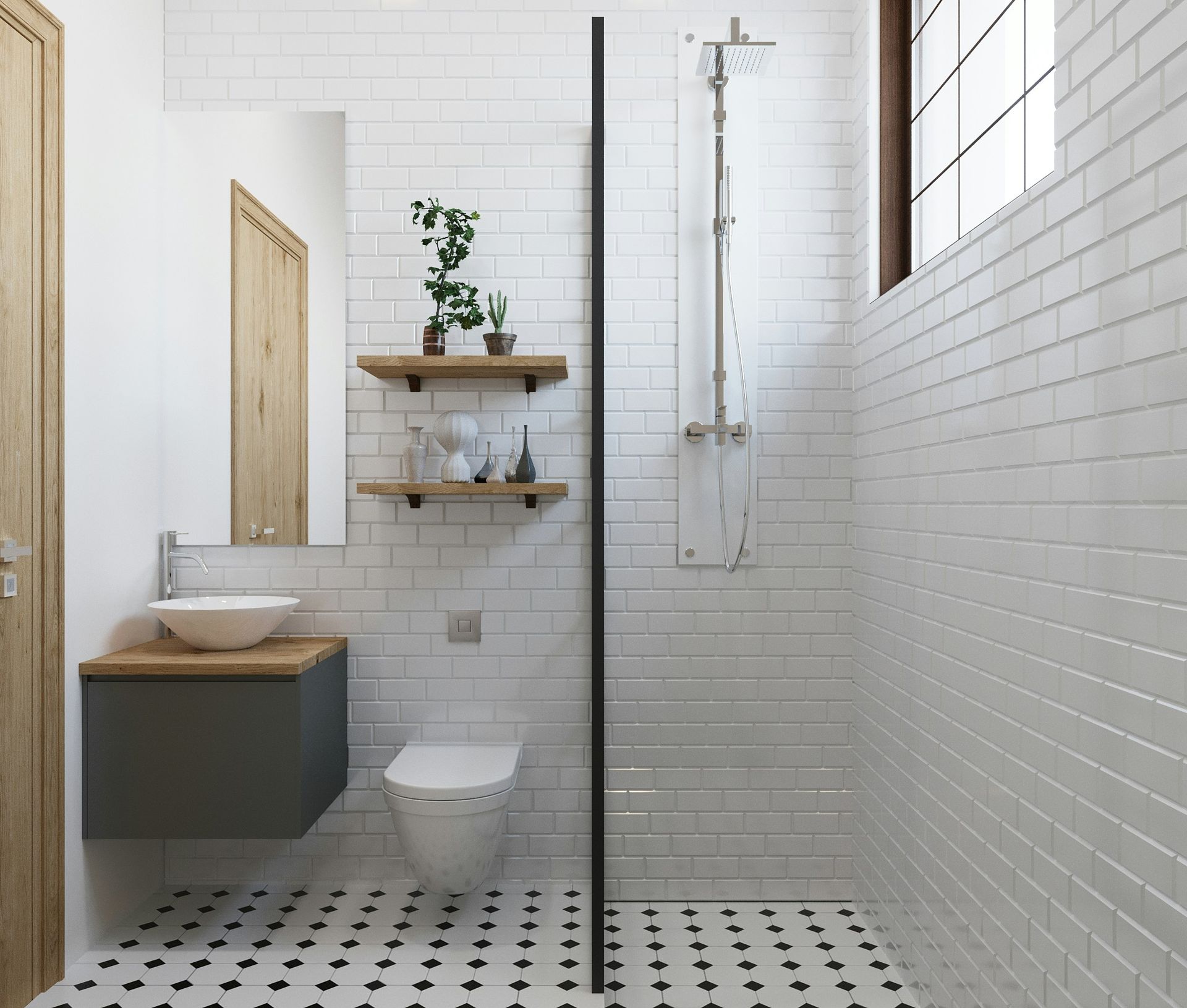 Modern bathroom with white subway tile, a gray vanity, and a black and white tiled floor.