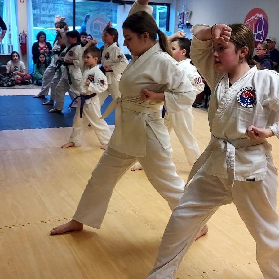 A group of kids are practicing martial arts in a gym