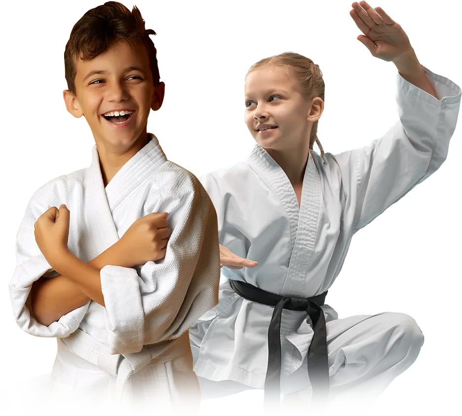 A boy and a girl are wearing white karate uniforms