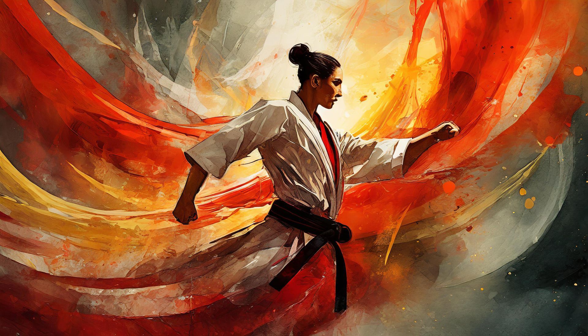 A painting of a woman in a karate uniform with a black belt.