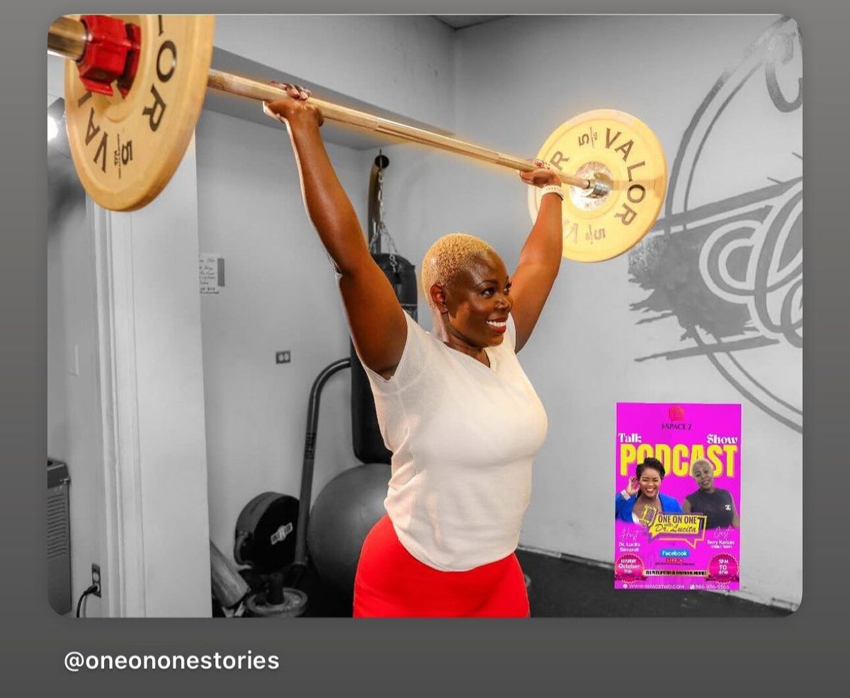 Woman lifting barbell overhead in gym. Red pants, white shirt, smiling. Podcast ad in the corner.