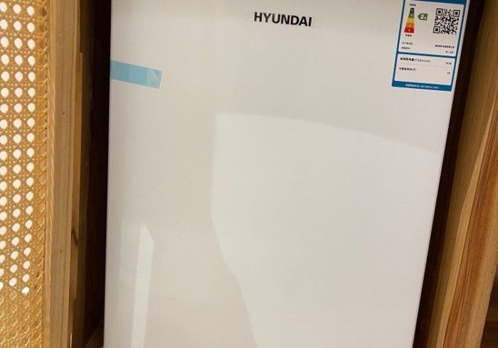 A white hyundai refrigerator is sitting on a wooden shelf.