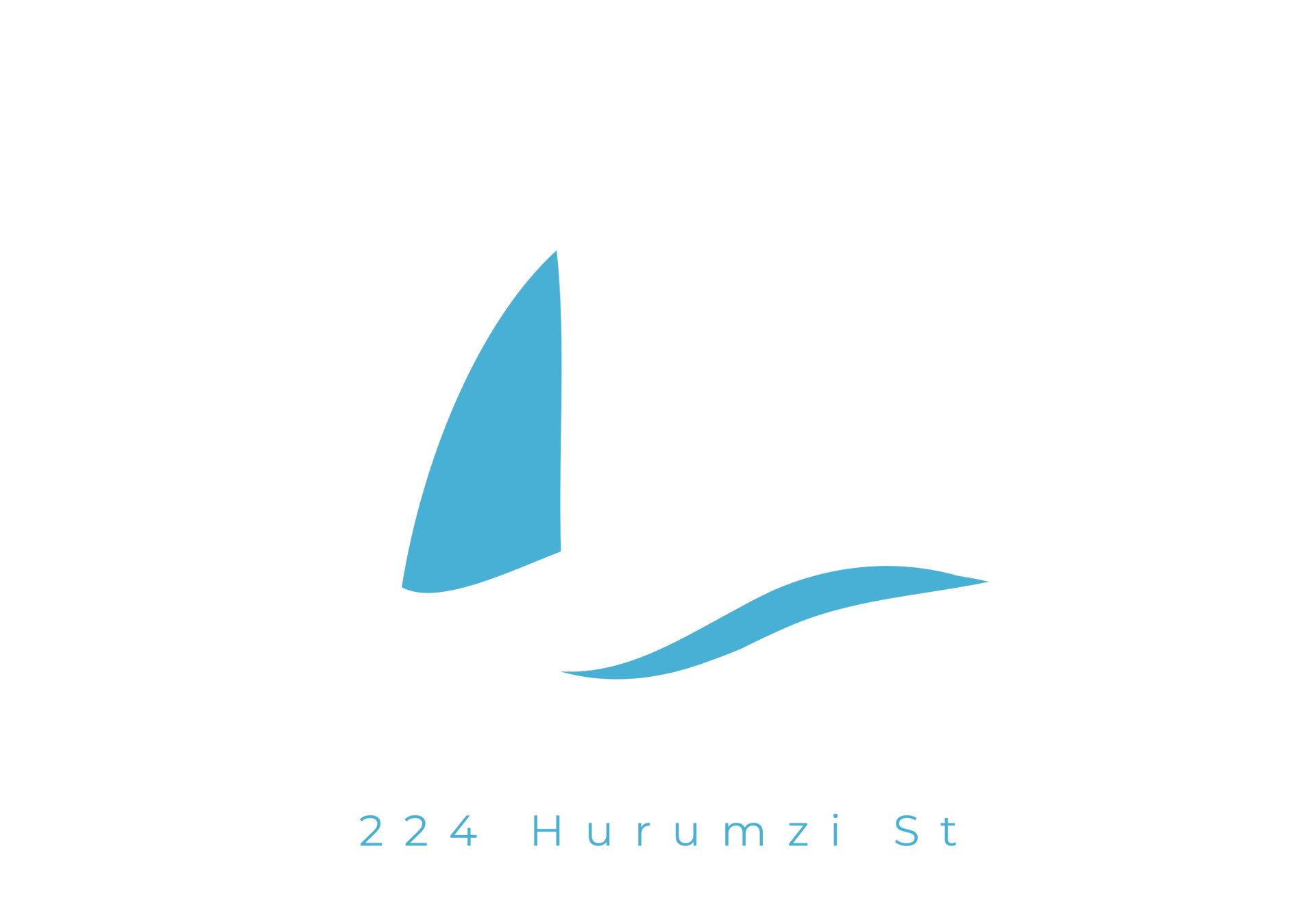 A blue sailboat with a wave in the background on a white background.