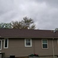 Exterior view of a tan-sided house with a brown shingled roof under a cloudy, overcast sky.