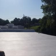 A view across a large, light-colored flat roof toward distant trees and a utility pole under a bright blue sky.
