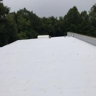 A freshly installed, bright white flat roof against a background of dark green trees under a cloudy gray sky.