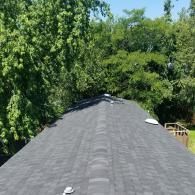 A high-angle view of a gray asphalt shingle roof with several circular vents, surrounded by lush green trees.