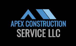 Logo for Apex Construction Service LLC featuring a blue geometric roof icon above company text on a black background.