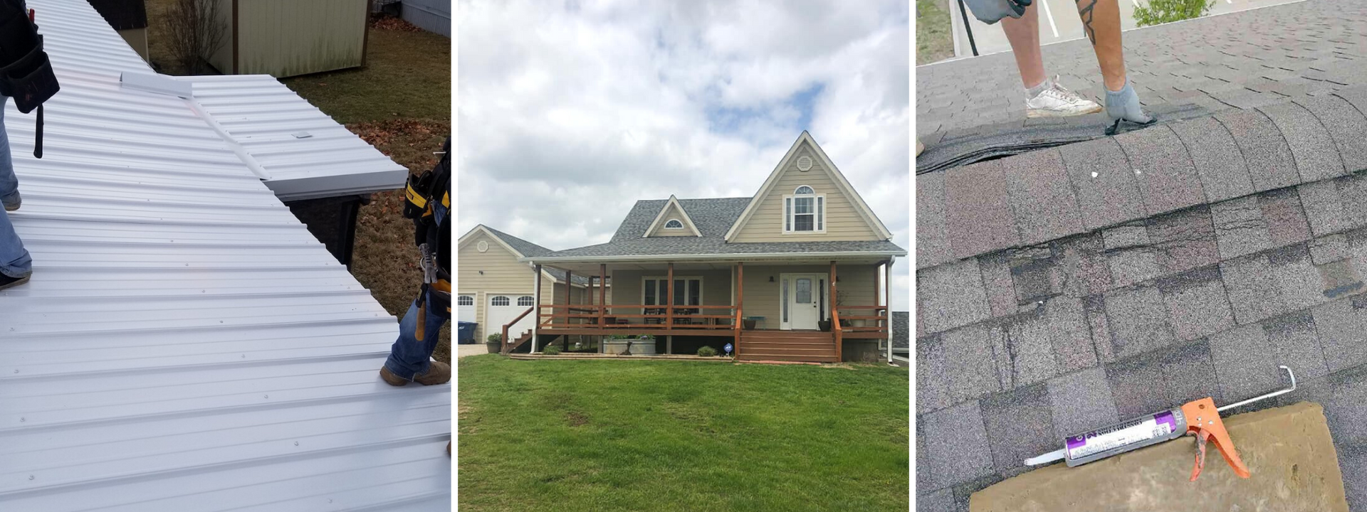 Three photos showing residential roof work, including shingles, sealant application, and the exterior of a house.