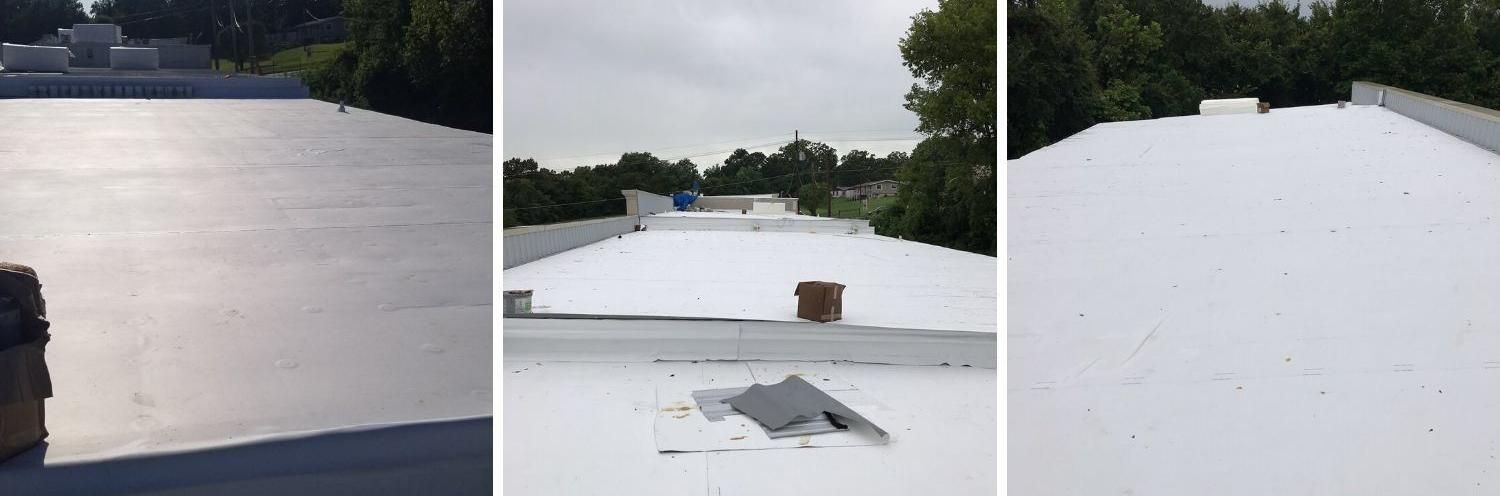 Three views of a flat roof coated with a smooth, white reflective material, showing surrounding trees and roof fixtures.