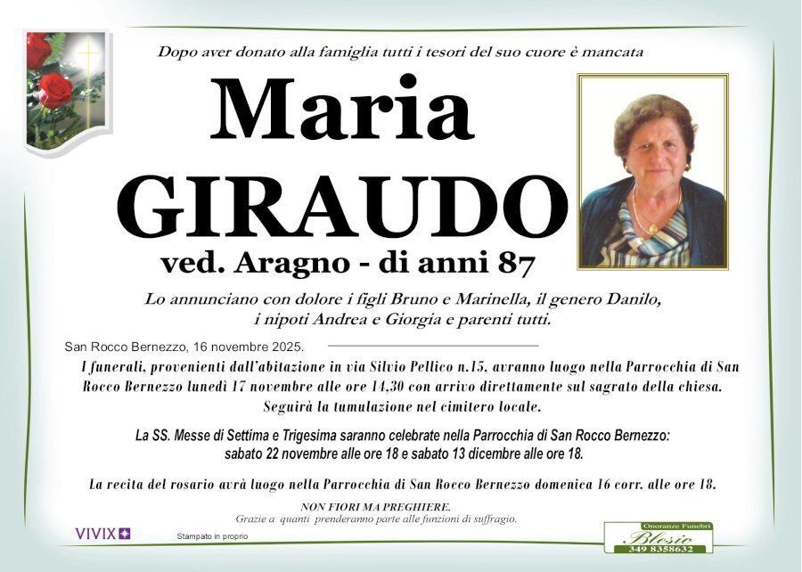 necrologio GIRAUDO Maria ved. Aragno