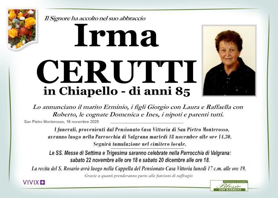 necrologio CERUTTI Irma in Chiapello