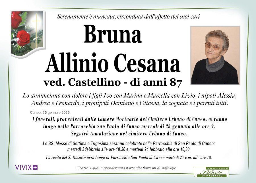 necrologio ALLINIO CESANA Bruna ved. Castellino