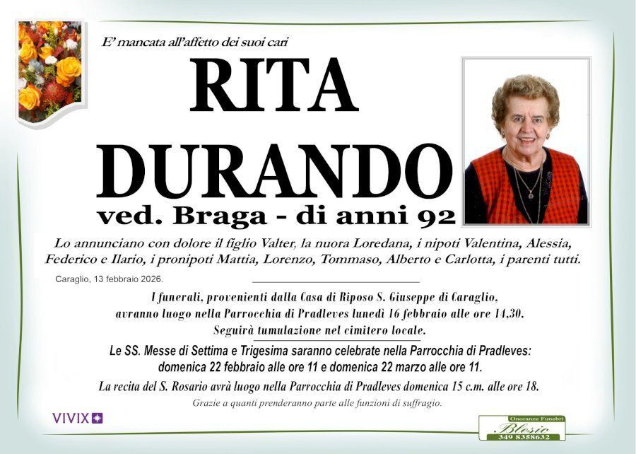 necrologio DURANDO Rita ved. Braga