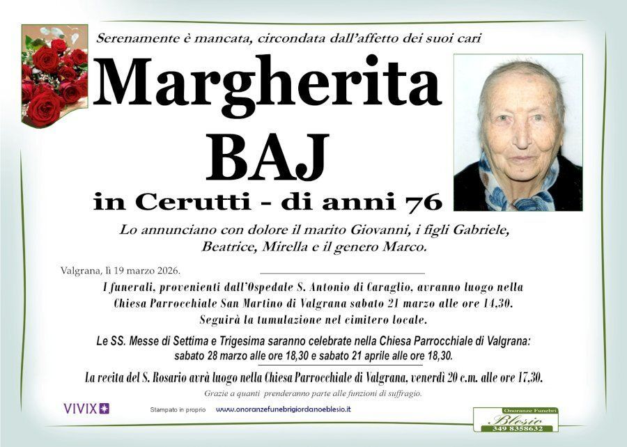 necrologio BAJ Margherita in Cerutti