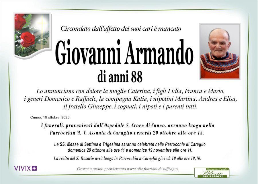 necrologio ARMANDO Giovanni