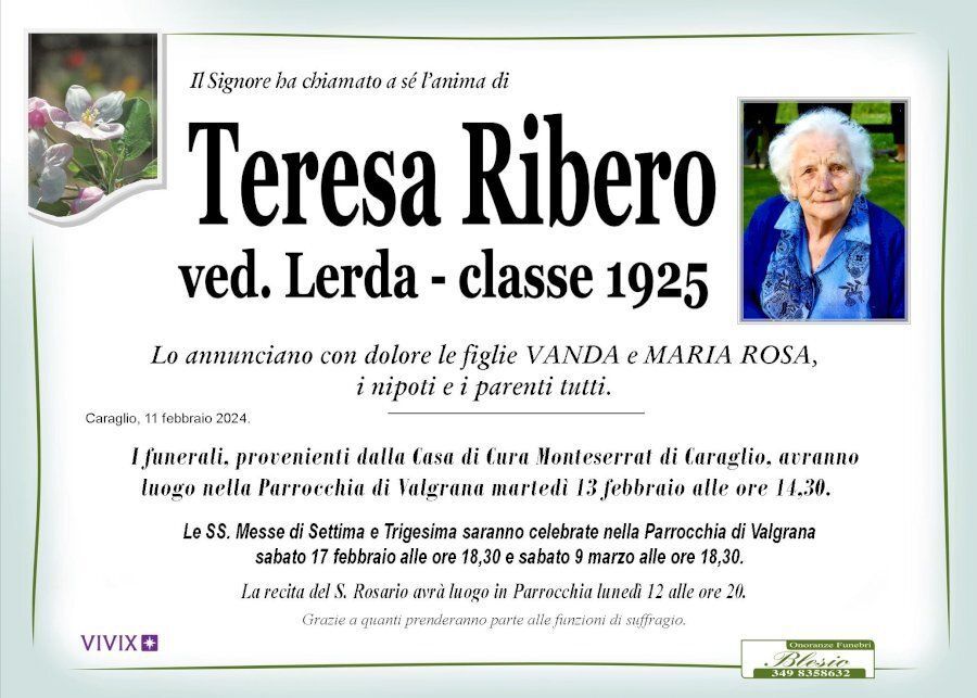 necrologio RIBERO Teresa ved. Lerda