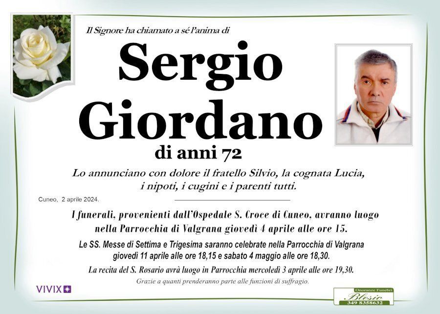 necrologio GIORDANO Sergio