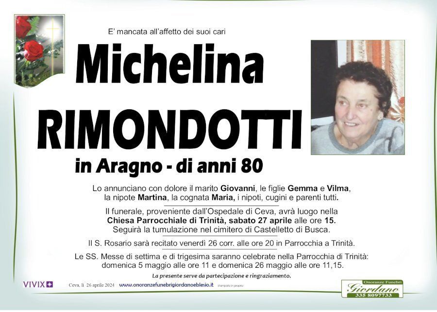 necrologio RIMONDOTTI Michelina in Aragno
