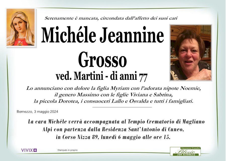necrologio GROSSO Michèlle Jeannine ved. Martini