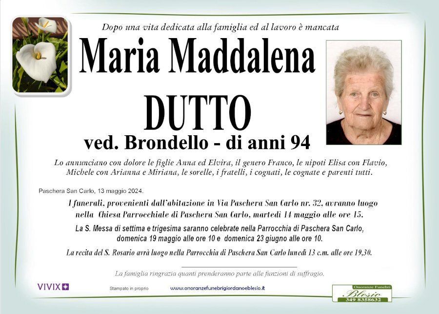 necrologio DUTTO Maria Maddalena ved. Brondello