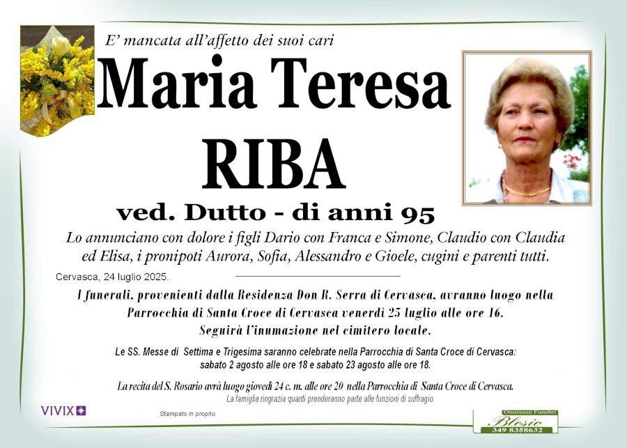 necrologio RIBA Maria Teresa ved. Dutto