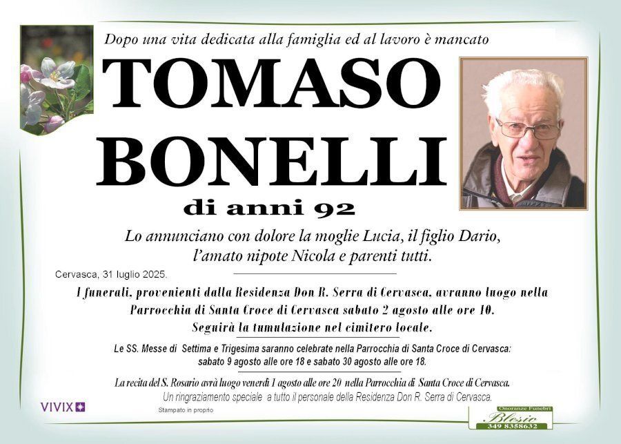 necrologio BONELLI TOMASO
